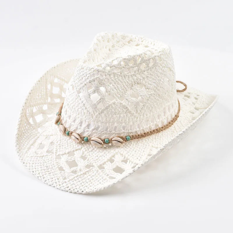 Wide Brim Straw Beach Hat with Shell Band