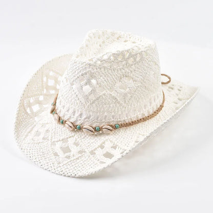 Wide Brim Straw Beach Hat with Shell Band