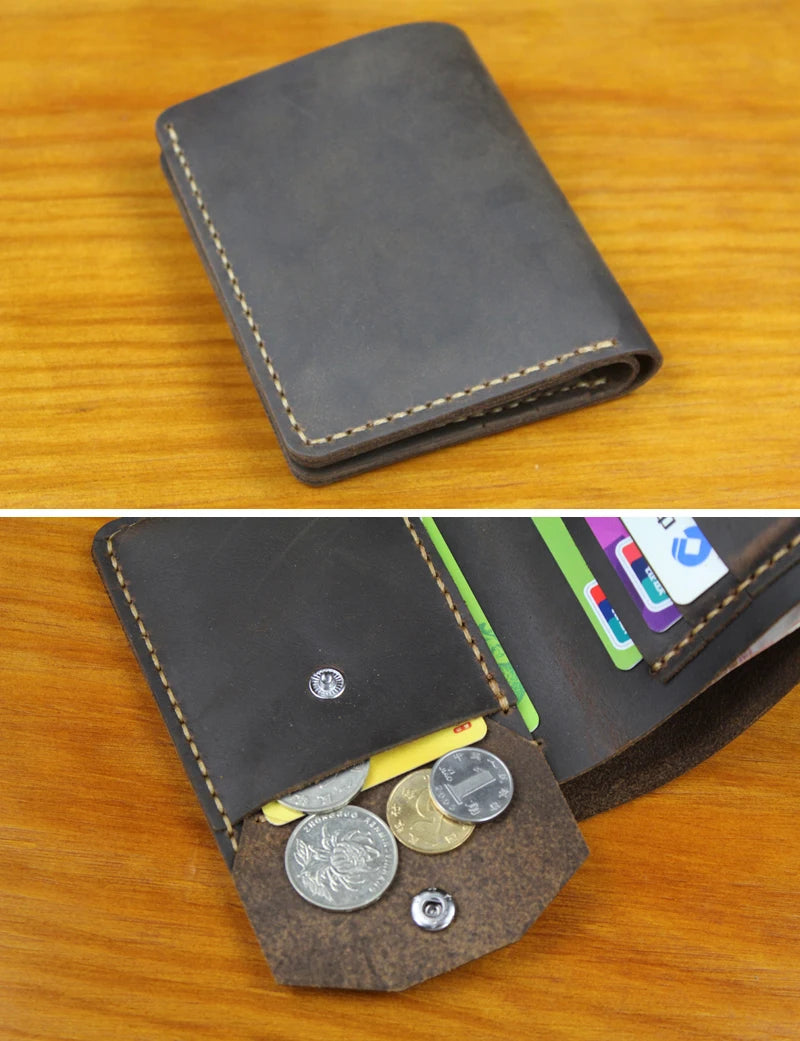 Handmade Crazy Horse Leather Bifold Wallet with Coin Pocket