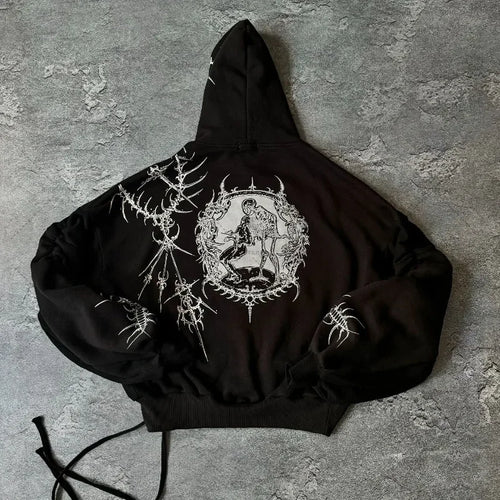 Y2K Gothic Graphic Hoodie Women Harajuku Streetwear Loose Zip-Up Sweatshirt