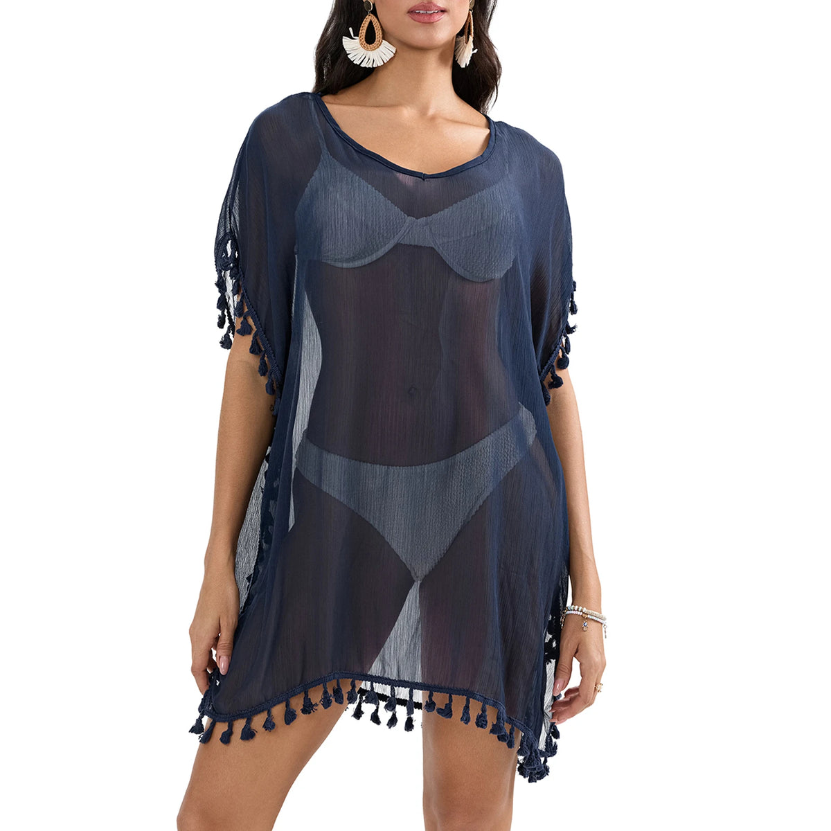 Tassel Trim Beach Cover-Up Dress – Sheer Swimsuit Coverup