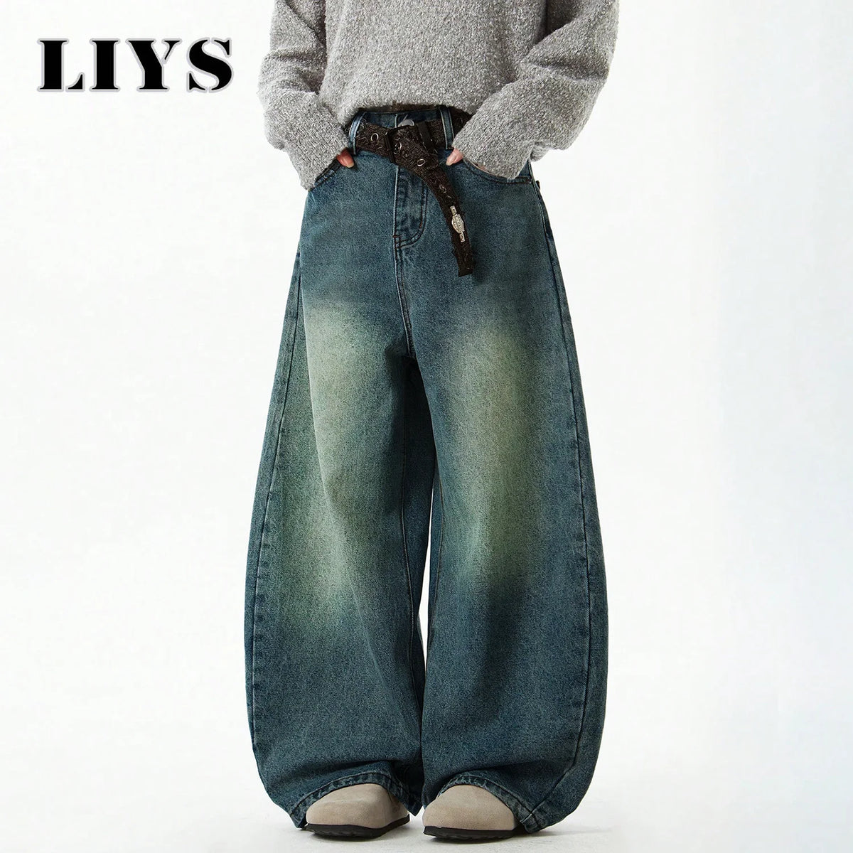 Men S Wear Blue Wide-Leg Denim Pants Baggy Jeans Vintage Three-Dimensional Cut Curved Knife Loose