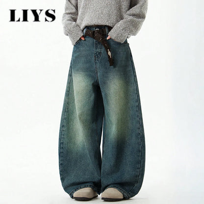 Men S Wear Blue Wide-Leg Denim Pants Baggy Jeans Vintage Three-Dimensional Cut Curved Knife Loose