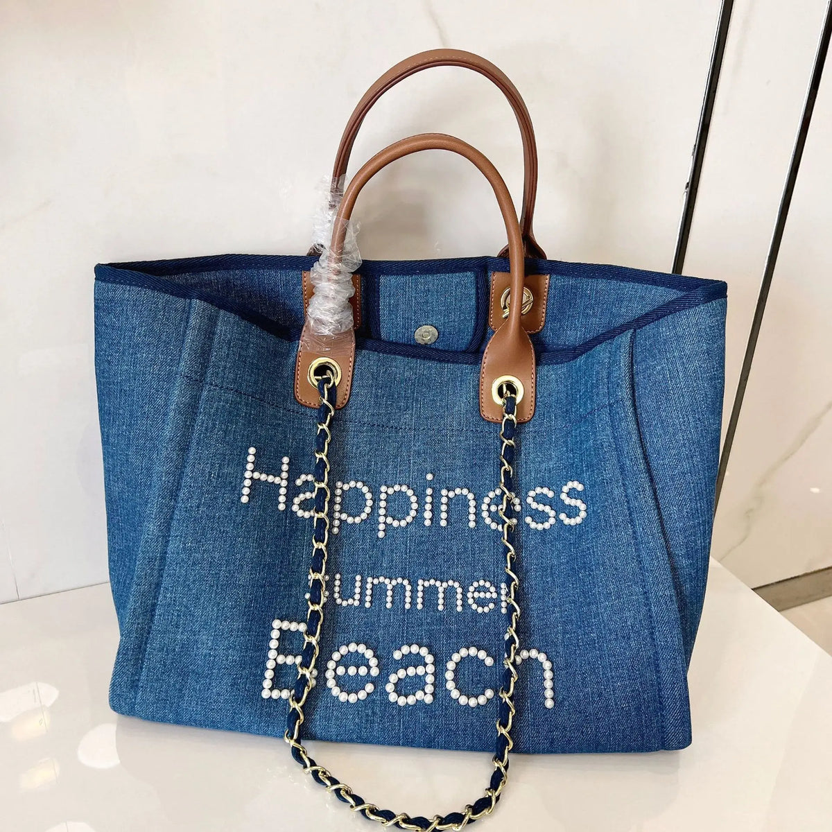 Large Canvas Tote Bag with Chain Strap & Leather Handles for Women