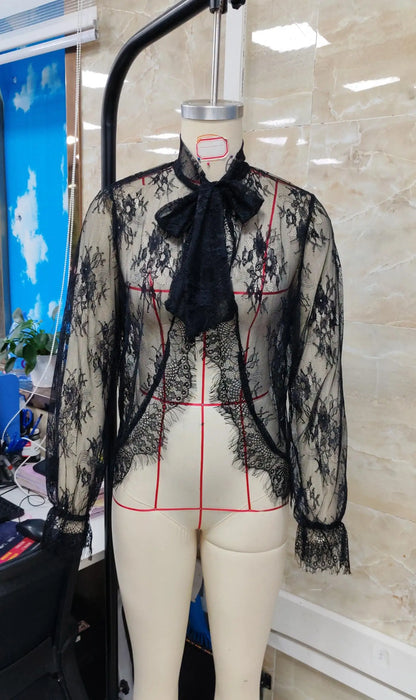 Sheer Mesh Fishnet Long Sleeve Top – Women's See-Through Lace Shirt