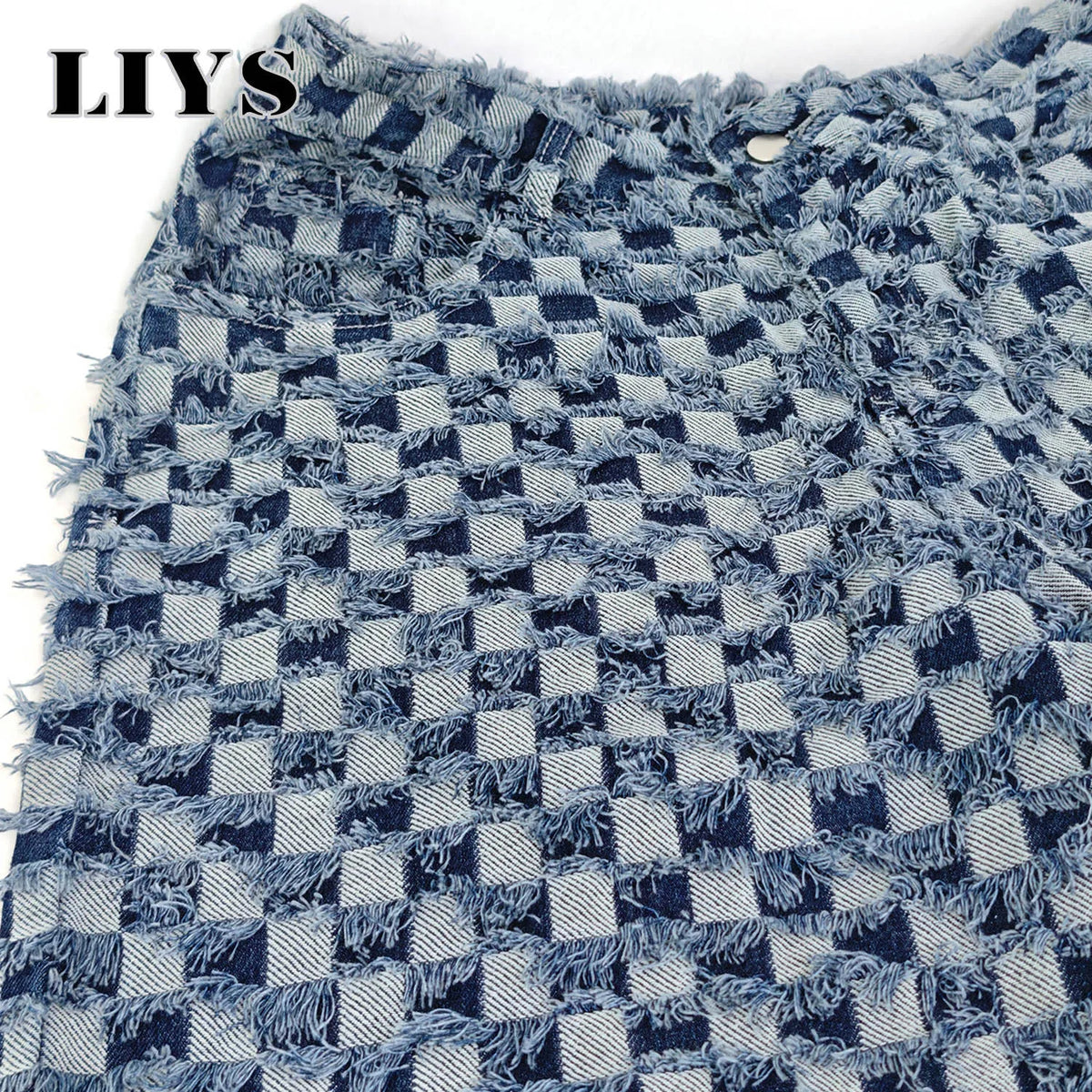 Men's Checkerboard Fringe Denim Shorts – Loose Wide Leg