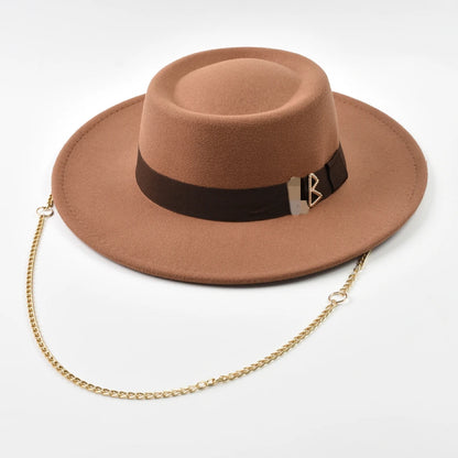Women's Wide Brim Felt Fedora Hat with Gold Chain & Letter Detail
