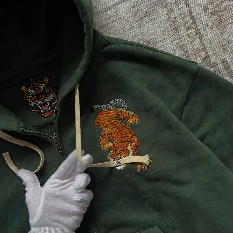 Tiger Embroidered Double Zip Hoodie – Unisex Y2K Streetwear