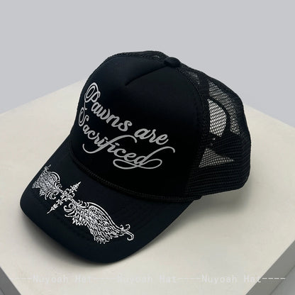 Mesh Trucker Cap with Wing & Letter Print – Unisex Hip Hop Baseball Hat