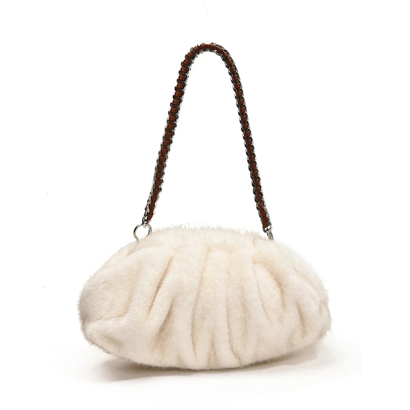 Pleated Design Faux Fur Shoulder Bags