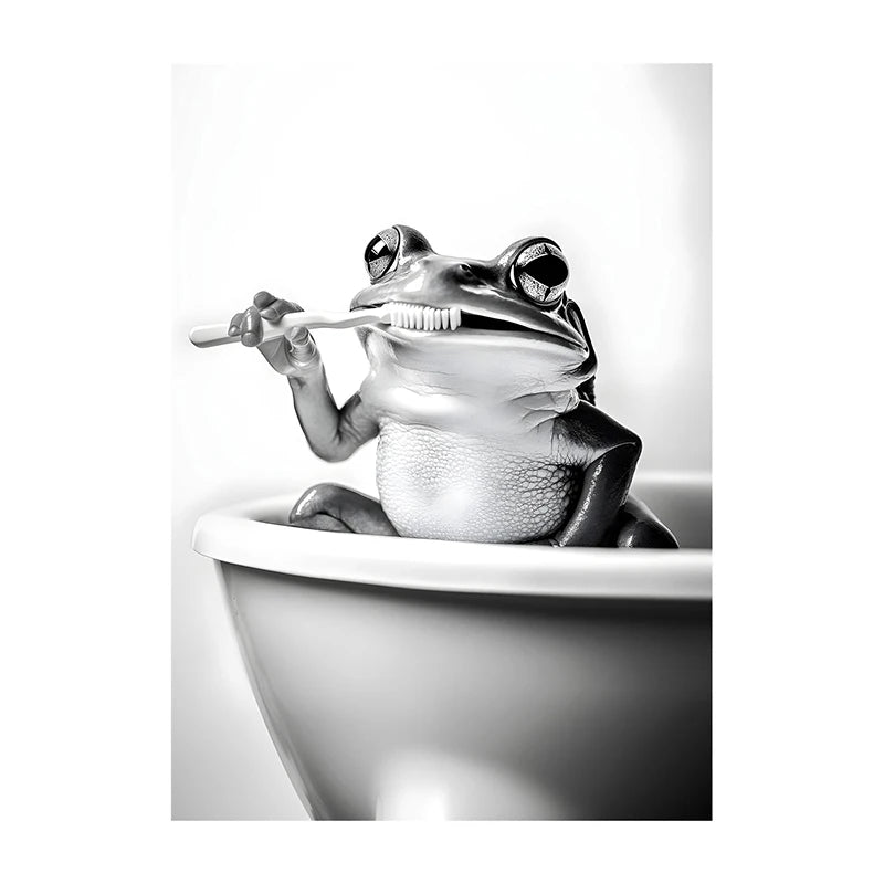 Funny Animal Bathroom Wall Art Poster – Black & White Vintage Print