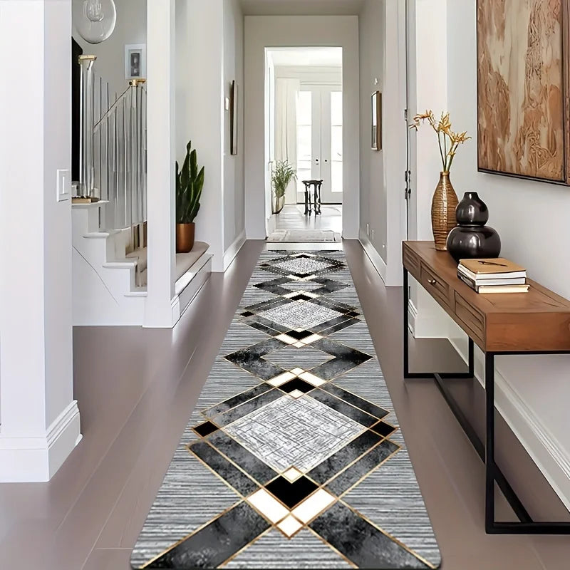 Vikama Non-Slip Luxury Geometric Runner Rug Soft Plush Long Area Rug Gold Lines Floor Mat Hallway