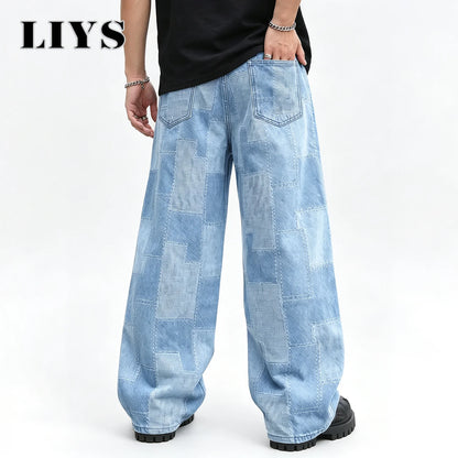 Patchwork Grid Baggy Wide-Leg Jeans – Men's Retro Streetwear Denim