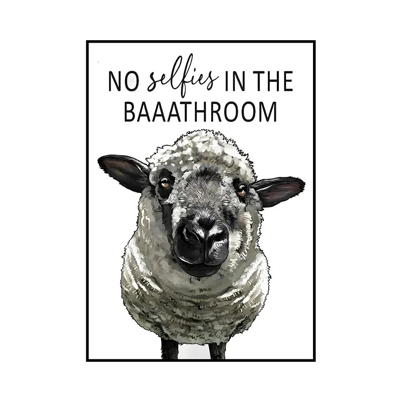 Funny Animal Bathroom Wall Art Poster – Cow, Donkey, Llama, Goat Print