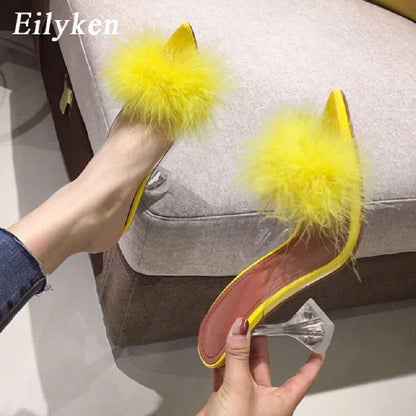 Feather Fur Clear Heel Mule Pumps for Women – Pointed Toe Slides