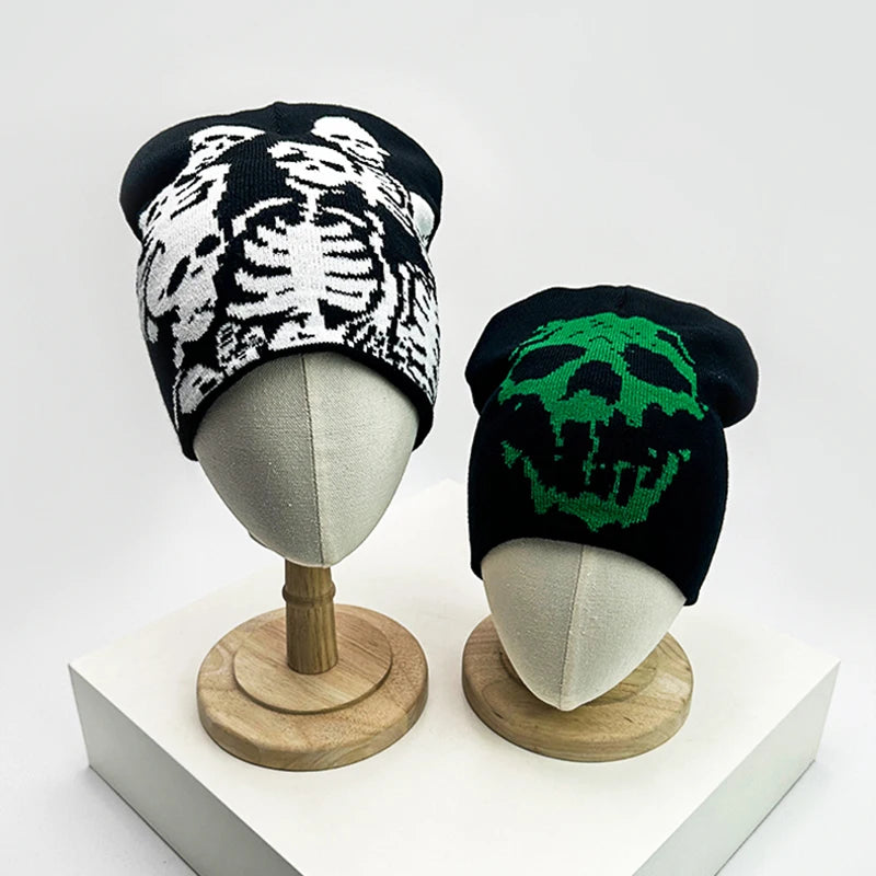 Skull Print Knit Beanie – Color Block Warm Winter Hat Punk Style
