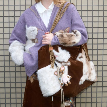 Retro Sweet Cute Cat Tote Bag Women Plush Large Capacity