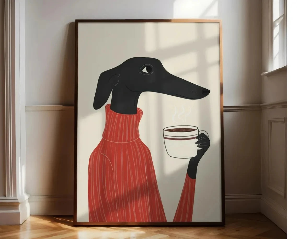 Greyhound with Coffee Canvas Wall Art Print – Whimsical Dog Poster