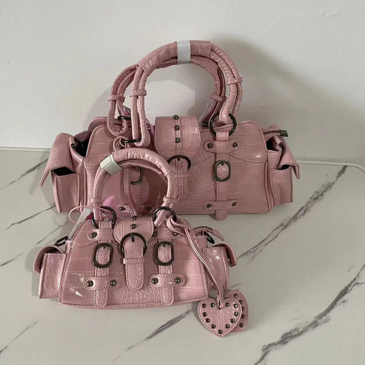 Vintage Pink Y2k Grunge Rivet Handle Crocodile Luxury Designer Bag