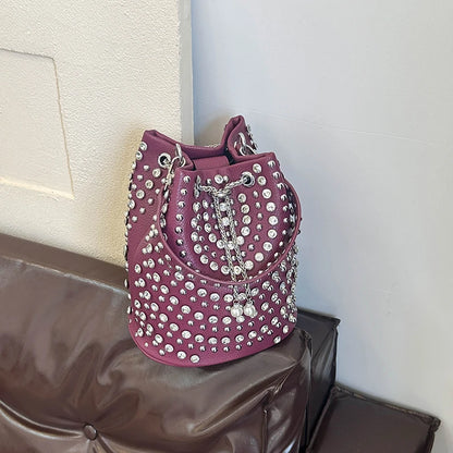 Studded Bucket Bag with Pearl Charm Drawstring Punk Rock Leather Shoulder Bag