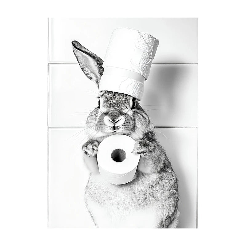 Funny Bathroom Wall Art Poster – Black & White Animal Toilet Paper Print
