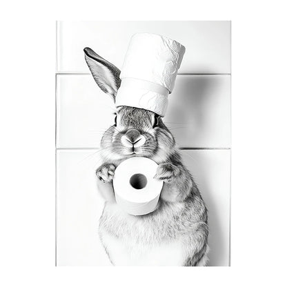 Funny Bathroom Wall Art Poster – Black & White Animal Toilet Paper Print