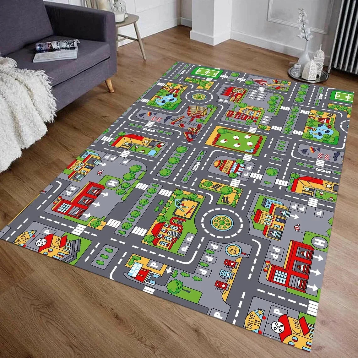 Kids City Map Play Rug – Non-Slip Children's Playroom Carpet