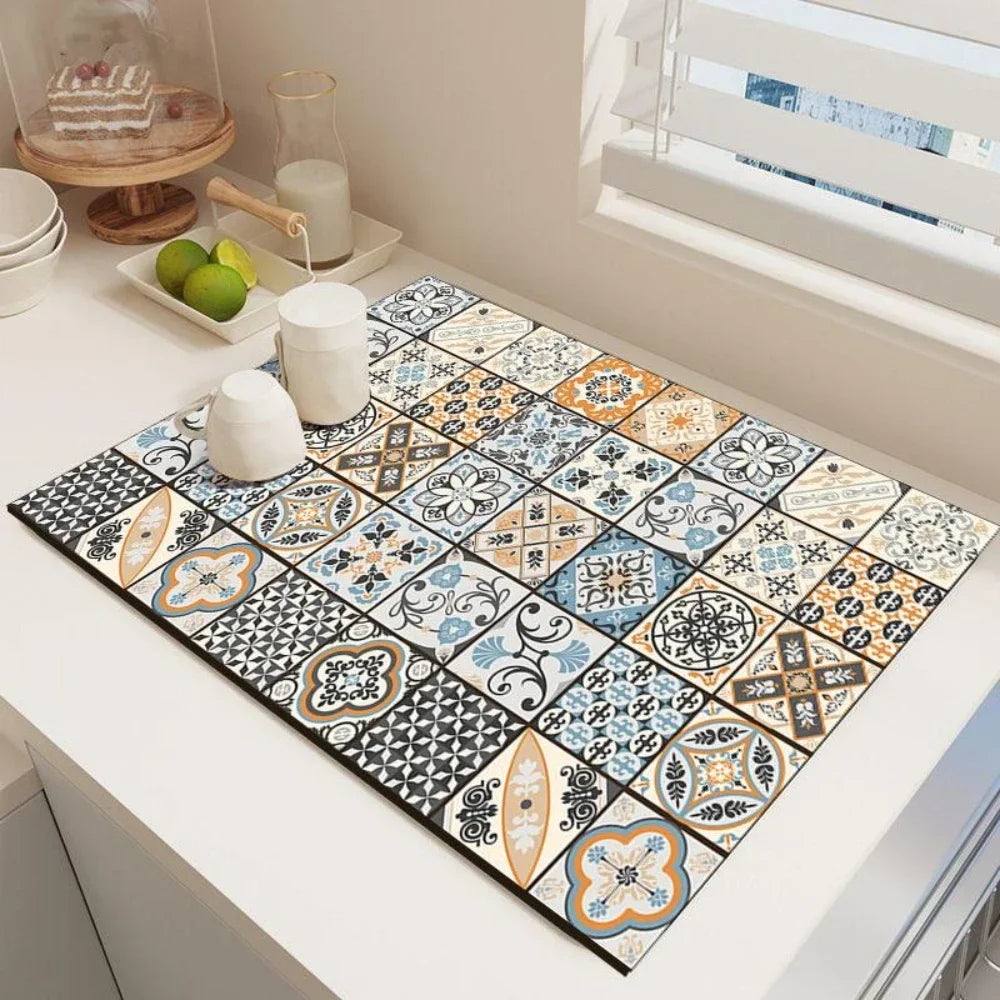 Dish Drying Mat – Boho Vintage Tile Absorbent Non-Slip Kitchen Mat
