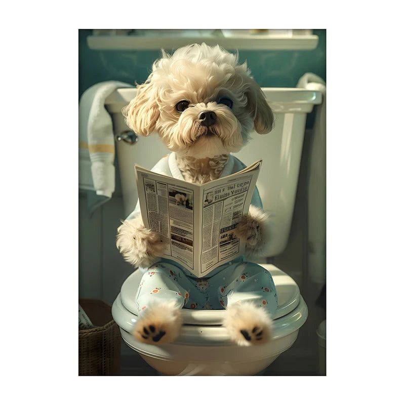 Funny Dog Bathroom Poster – Dog Reading Newspaper on Toilet Wall Art