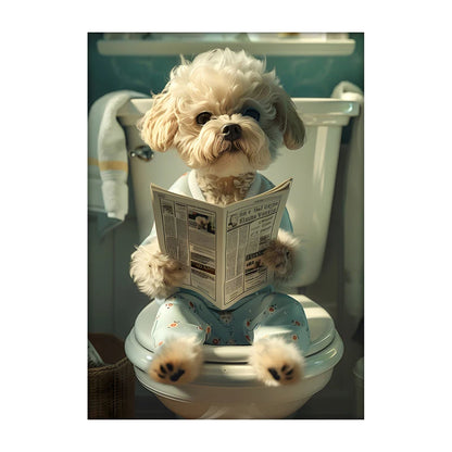 Funny Dog Bathroom Poster – Dog Reading Newspaper on Toilet Wall Art
