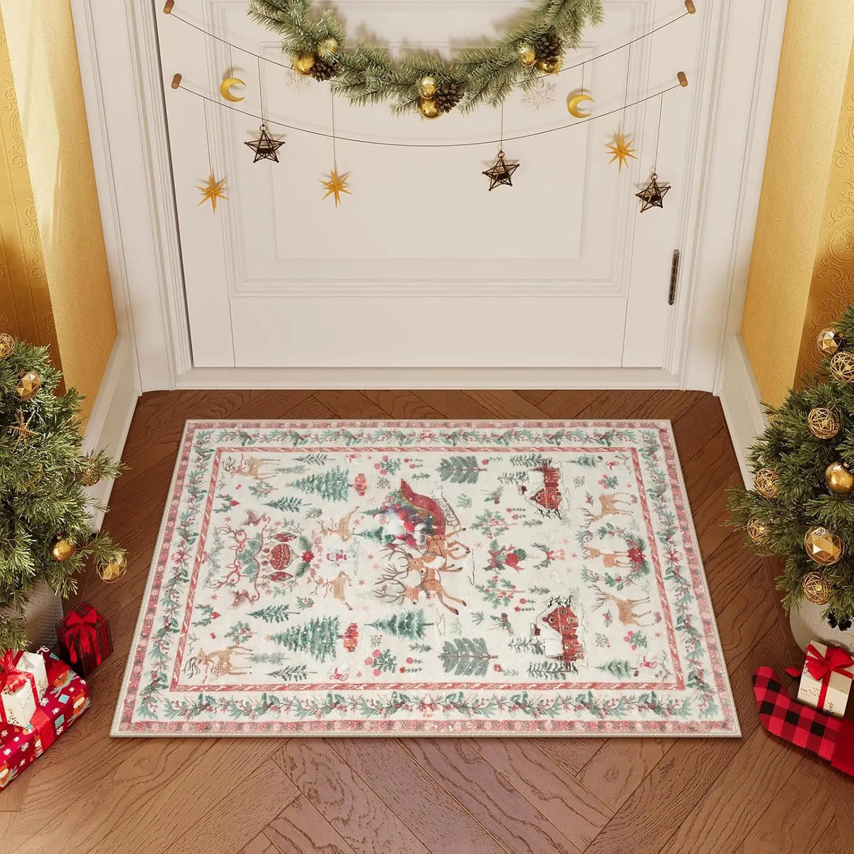 Christmas Non-Slip Area Rug – Vintage Holiday Floor Mat