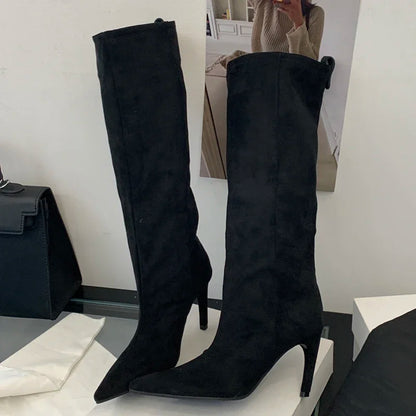 Knee-High Suede Stiletto Boots for Women – Pointed Toe