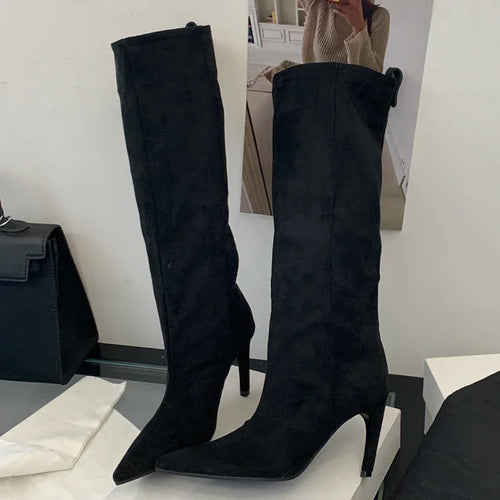 Knee-High Suede Stiletto Boots for Women – Pointed Toe