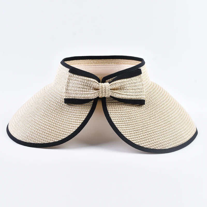 Women's Wide Brim Straw Sun Visor Hat – Foldable Open Top Beach Hat