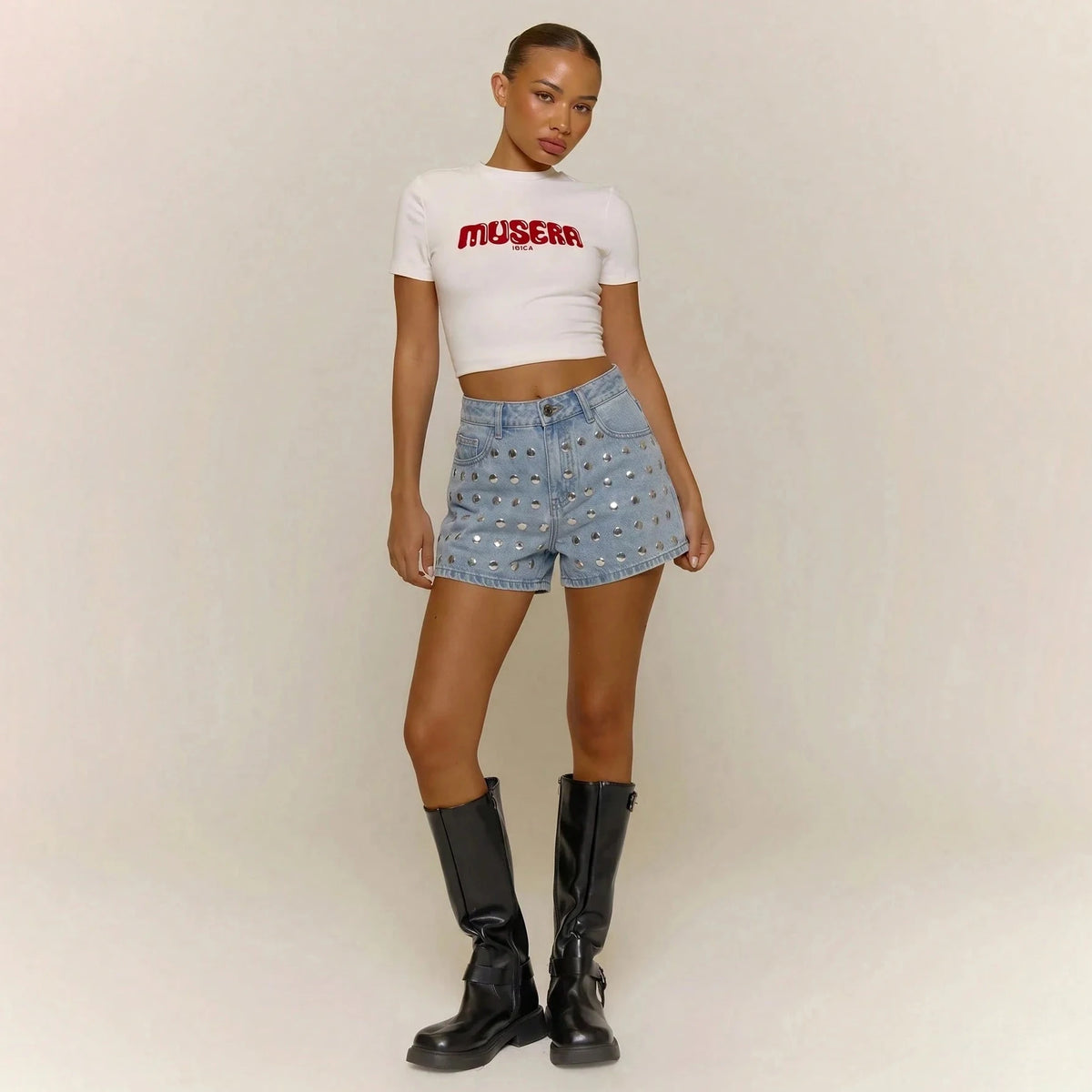 Y2K Rivet Denim Mini Shorts – Low Rise Women's Streetwear