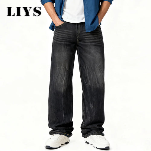 Retro Washed Black Baggy Wide Leg Jeans – Men's Loose Casual Denim Pants