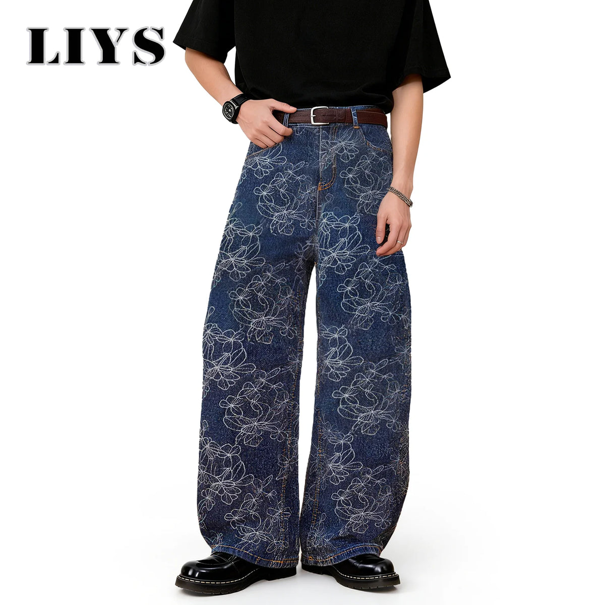 Floral Jacquard Baggy Wide Leg Jeans – Korean Retro Blue Denim