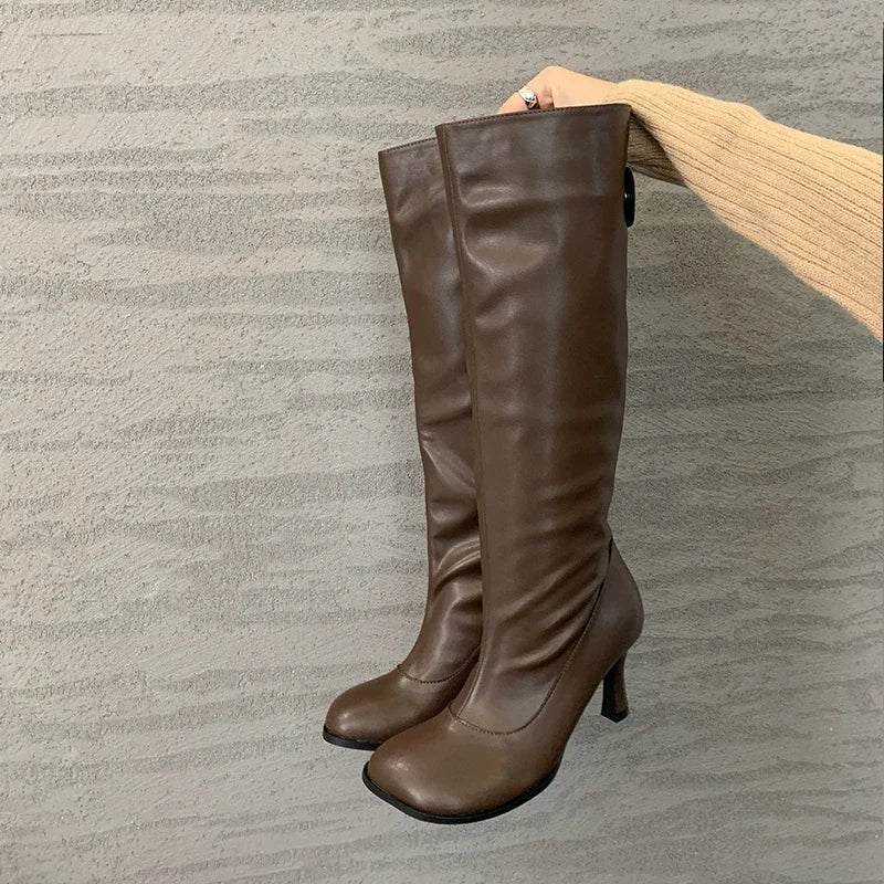 Women's Knee-High Heeled Boots – Round Toe Stiletto Long Boots