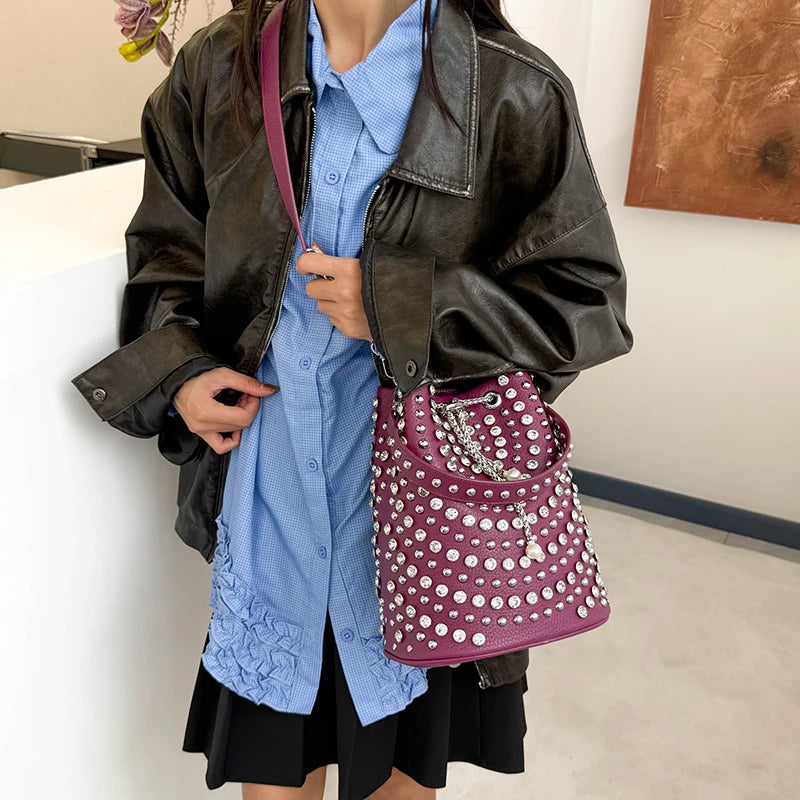 Studded Bucket Bag with Pearl Charm Drawstring Punk Rock Leather Shoulder Bag