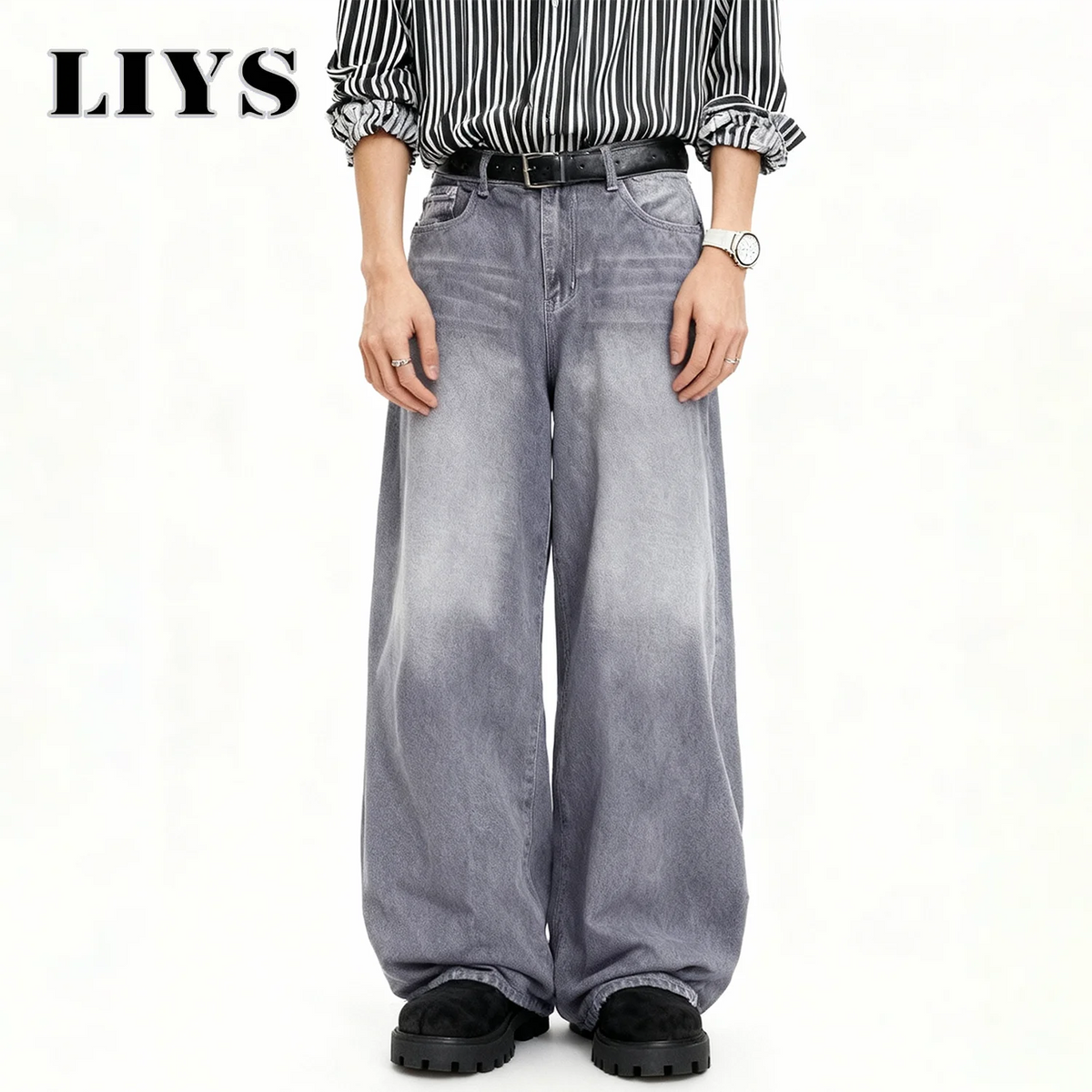 Men's Ultra Baggy Wide Leg Jeans – Washed Grey Retro Denim