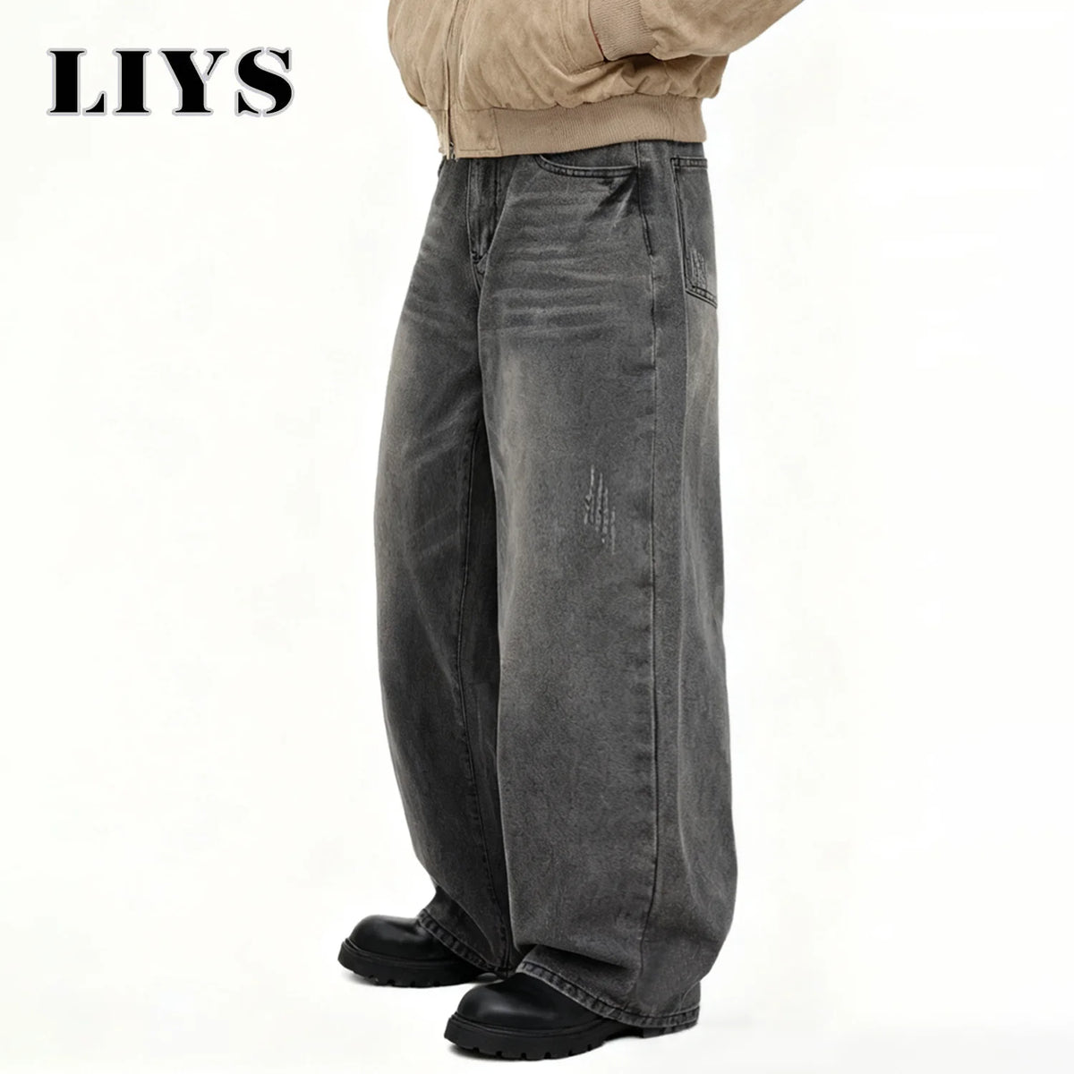 Men S American Retro Gray Baggy Wide Leg Jeans Daily Business Casual Loose Straight Denim Pants Four