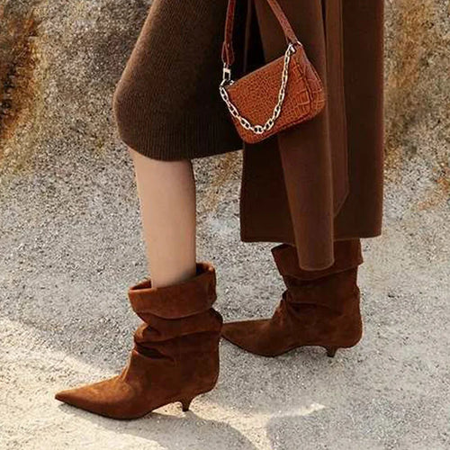 Pointed Toe Slouch Ankle Boots – Women's Low Heel Winter Boots