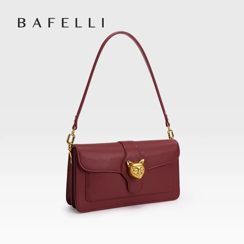 Leather Baguette Crossbody Shoulder Bag with Cat Clasp