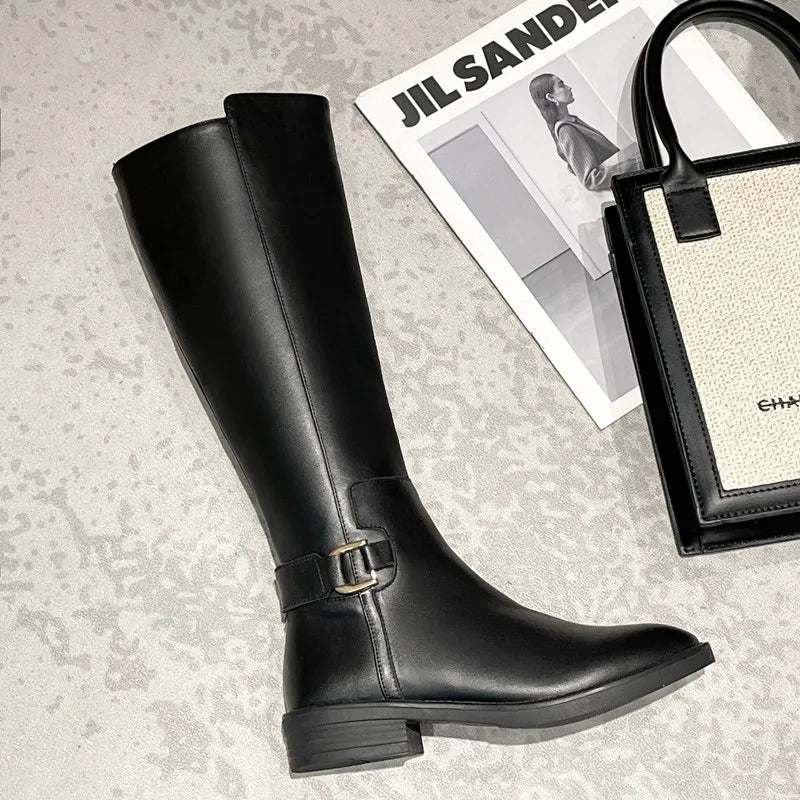 Women's Knee-High Riding Boots Black PU Leather