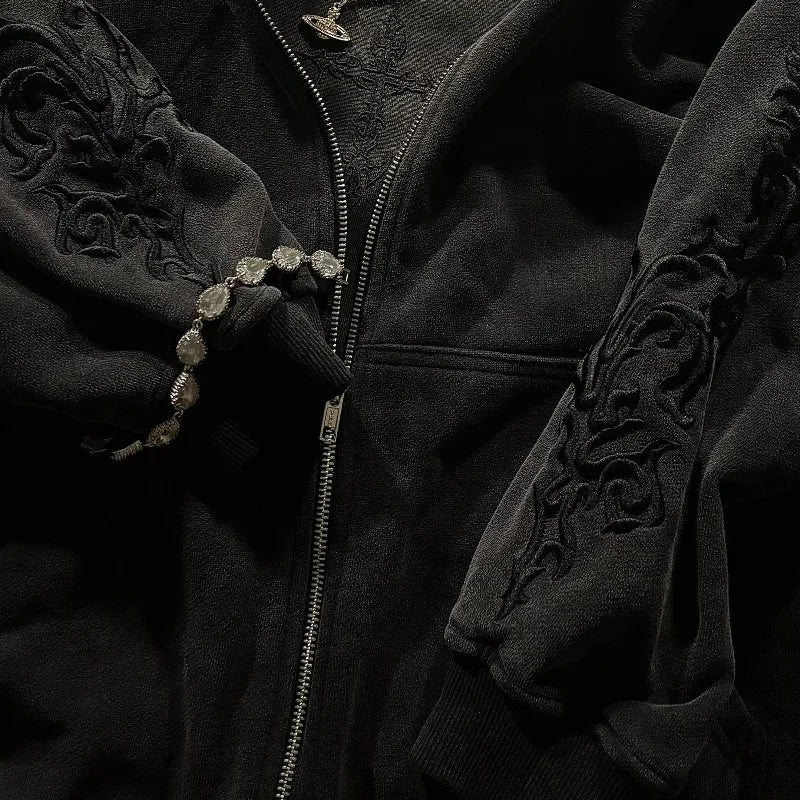Vine Embroidered Zip-Up Hoodie – Unisex Gothic Streetwear Sweatshirt
