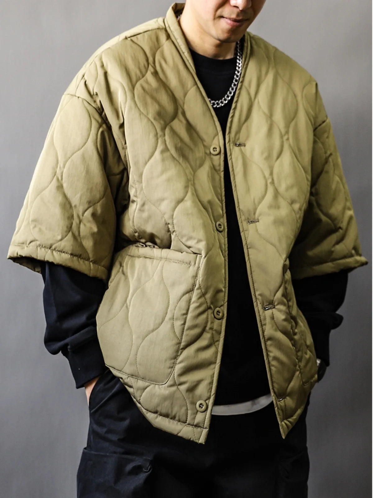 Quilted Padded V-Neck Jacket Men Short Sleeve Harajuku Streetwear