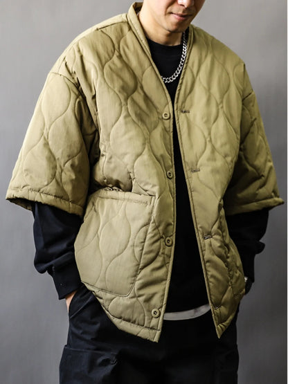 Quilted Padded V-Neck Jacket Men Short Sleeve Harajuku Streetwear