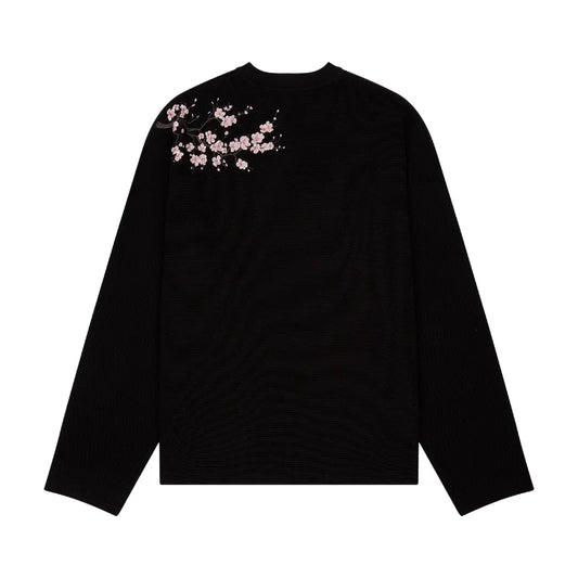 Cherry Blossom Embroidery Waffle Knit Long Sleeve T-Shirt