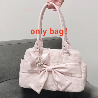 Cute Pink Bow Handbag Women's Creative Rivet Design Plush Shoulder Bag