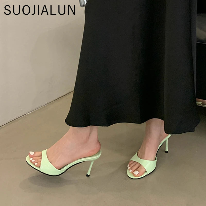 Women's Open-Toe Stiletto Heel Slides – Elegant Patent Mule Pumps